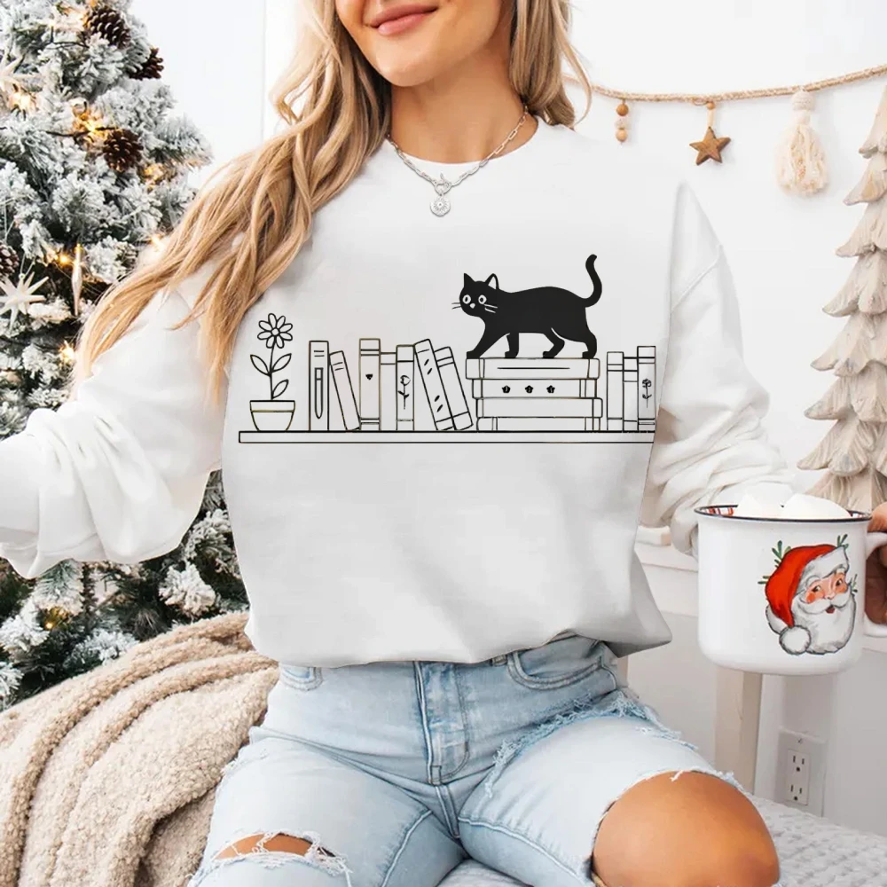 لطيف كتاب القط طباعة بلوزات مضحك الرسم نمط بسيط هوديي طويلة الأكمام القطن جولة الرقبة السيدات أعلى الملابس خمر