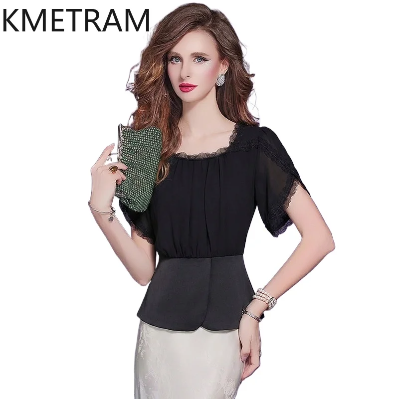 

KMETRAM Fashion Black Shirt for Woman Elegant Short Sleeve Square Neck Blouse New Summer Ladies Tops 2026 Women Clothes рубашка