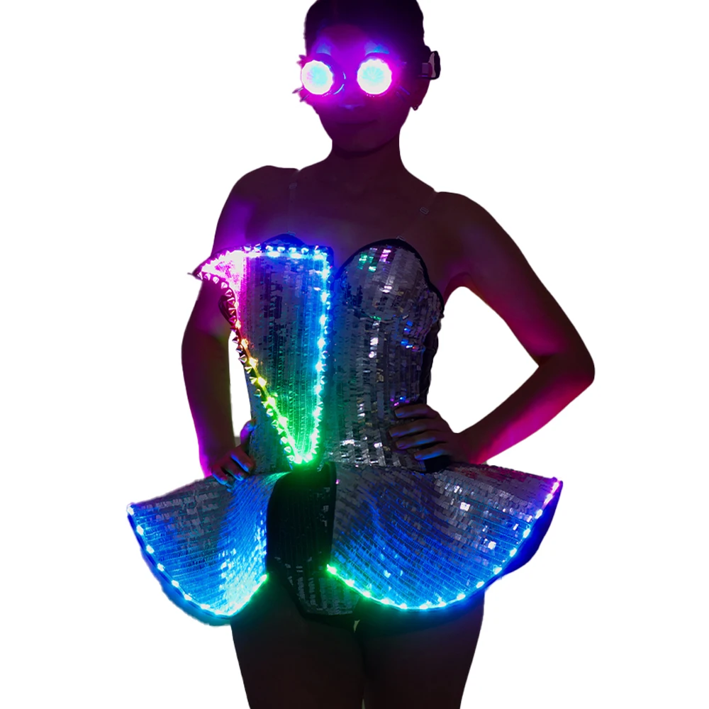 

Women LED Bodysuit Silver Stage performance Wear Nightclub DJ Rave Outfit Fancy Gogo Dancer Cosplay Anime Festival Clothe