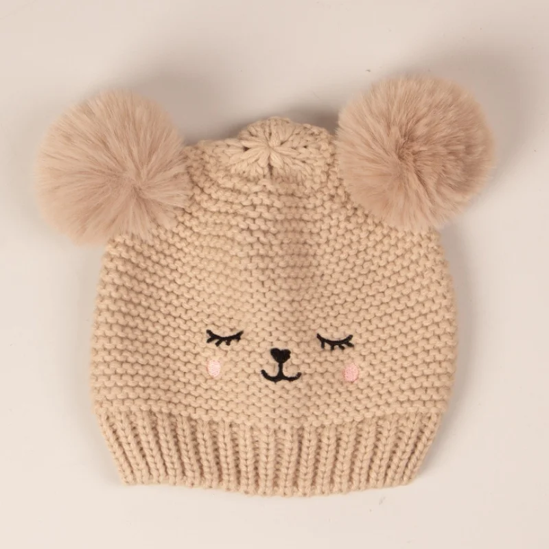 Autumn Winter Baby Warm Knitted Hats With Pom Infant Soft Cozy Beanie Cute Solid Cartoon Print Bonnets Boys Girls Accessories