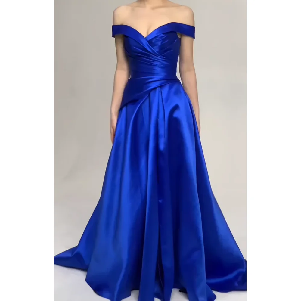 

Royal Blue Evening Dress Satin Prom Dress Off the Shoulder Lace-up or Zipper Back Party Dresses Side Pockets