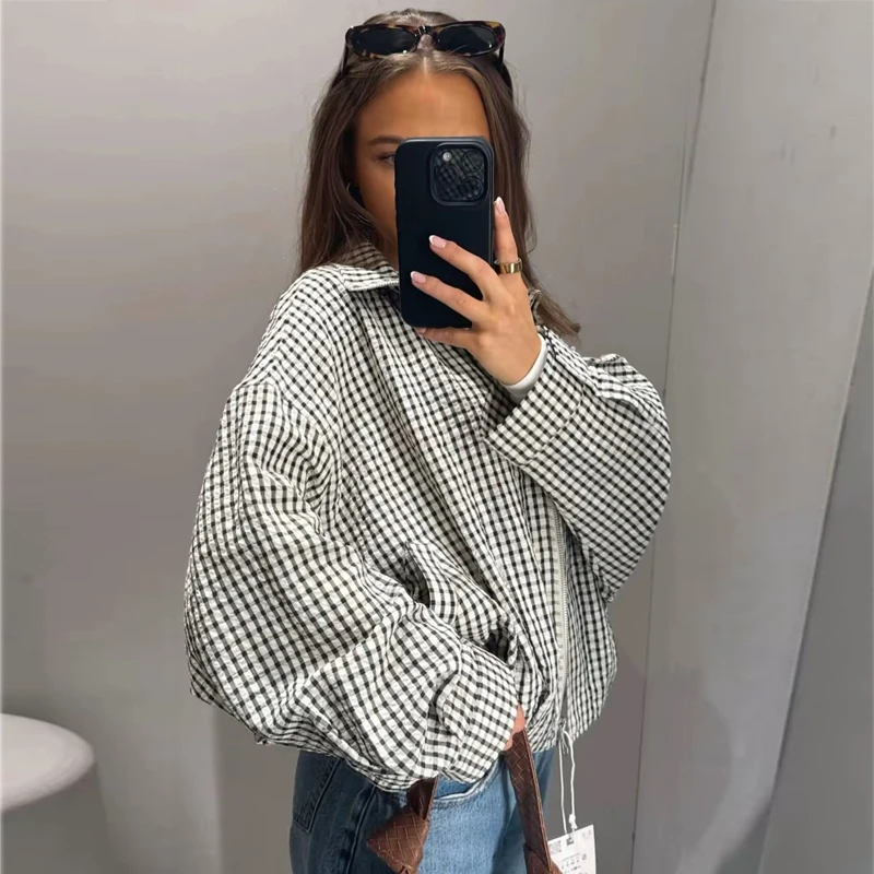 MUJER Plaid Bomber Jackets for Women Cropped Varsity Jackets Woman Summer Demi-season Jacket for Women Zip Casual Women's Coats
