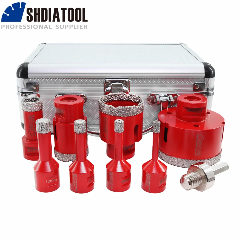 SHDIATOOL 9pcs Diamond Drill Bit Kit with Aluminum Box 6/8/10/12/20/35/45/68mm M14 Hole Saw Drilling Marble Granite Porcelain