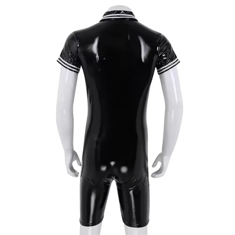 S-7XL Men\'s Short Sleeve Shiny Faux PU Leather Catsuit Sexy Zipper Open Crotch Bodysuit PVC Tights Hot Shapers Leotard Plus Size