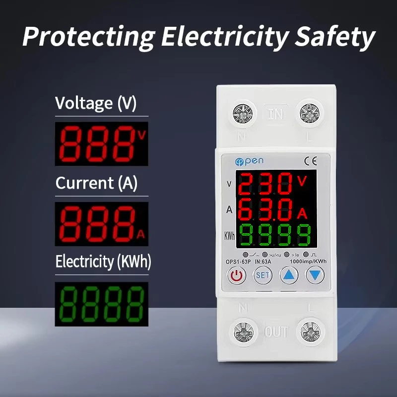 

Din Rail Dual Display Adjustable Over Voltage Current Monitor Current Limit Device Under Voltage Protector Relay 40A 63A 80A 230