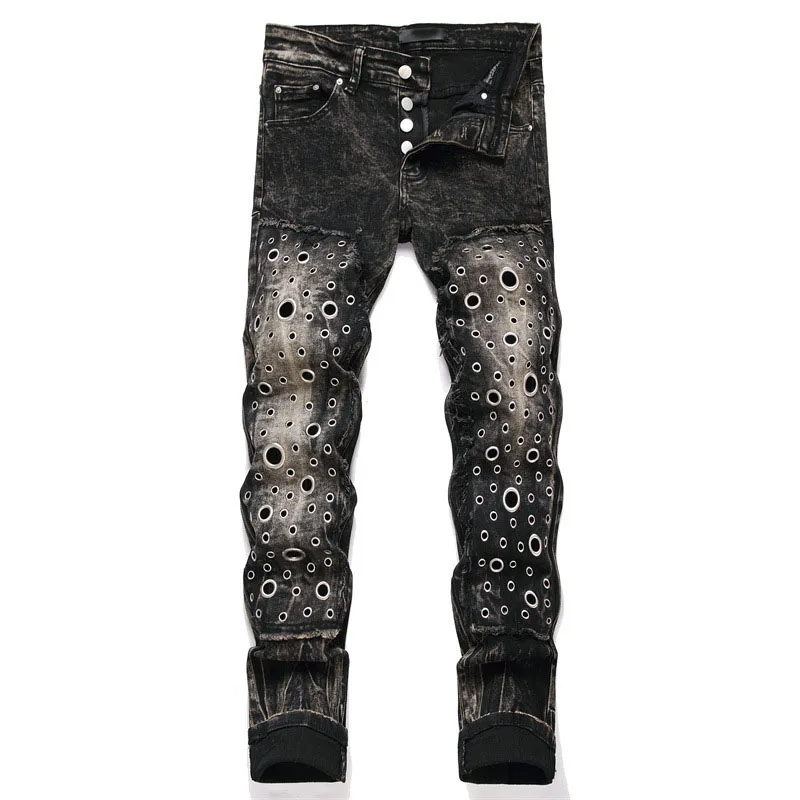 2024 New Fashion Men High Street Jeans Mens Washed Black Rivet Skinny Slim Jeans Male Hip Hop Denim Pants pantalones hombre