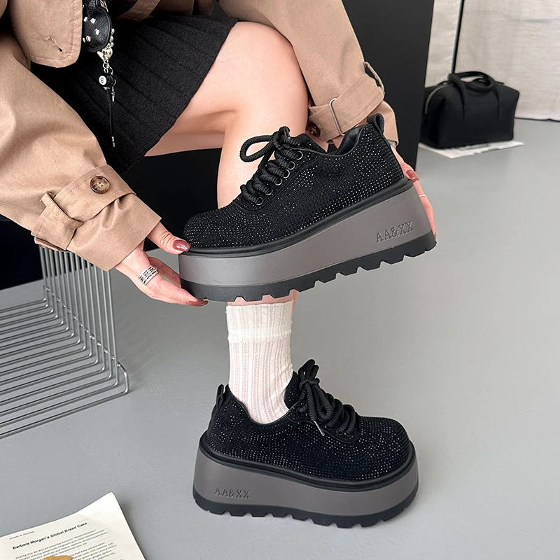 High-quality Appearance Style Platform Round-top Lace-up Crystal-covered Fashionable Anti-slip Breathable Women's Single Shoes