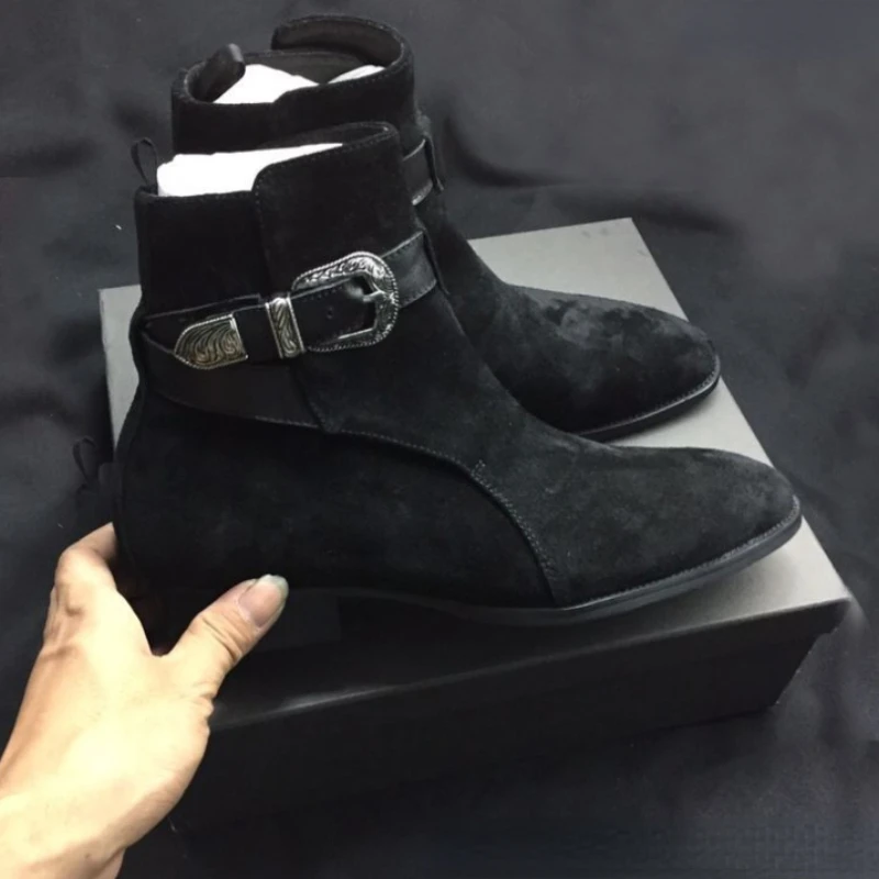 Black Chelsea Boots Cow Suede Leather Low Heel Belt Buckle Business Formal Boots Comfortable Breathable Non Slip Men Boots