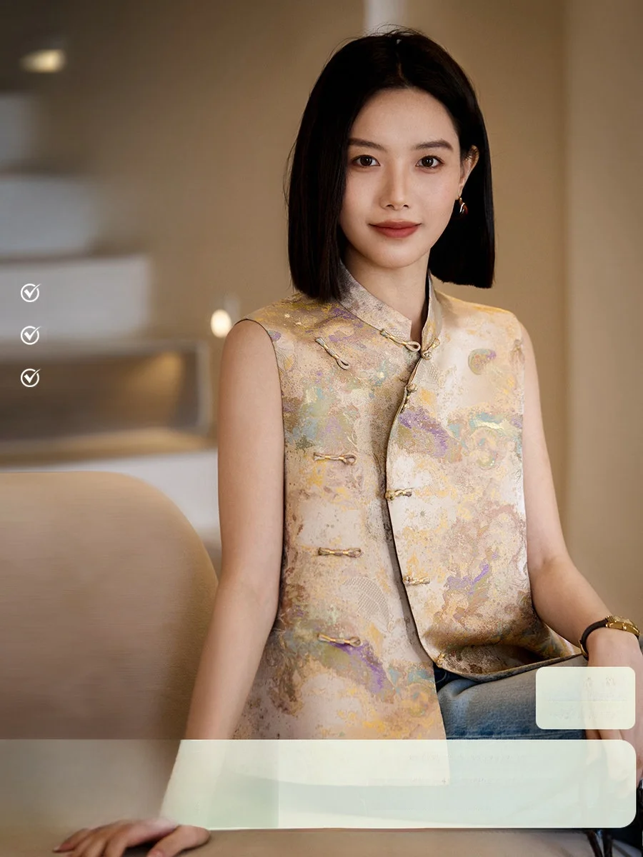 

Новая женская жилетка в китайском стиле с градиентным эффектом из шелковой смеси, весна 2026, бренд Xhange, влагоотводящая верхняя одежда с воротником-стойкой