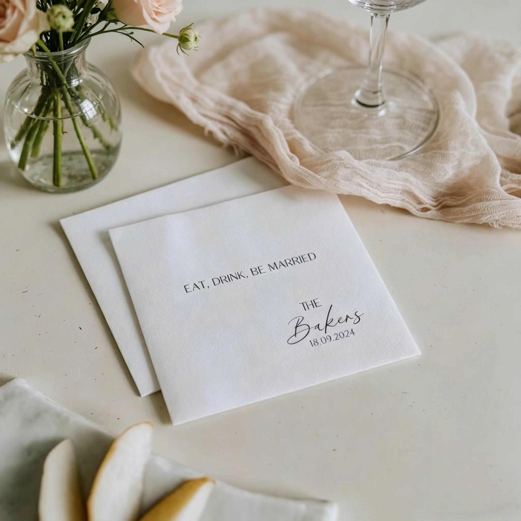 50 PCS Eat Drink Be Married Custom White Cocktail Napkins for Wedding Reception | Personalized Last Name Wedding Napkins | Minim