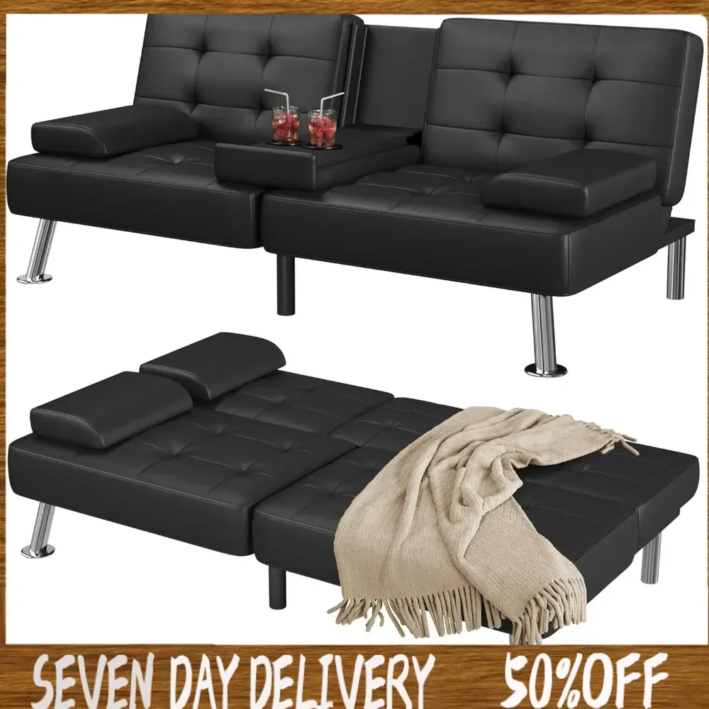 Living Room Sofa - Convertible Foldable Futon Sofa Bed - with Removable Armrests, Metal Legs, 2 Cup Seats - Furniture