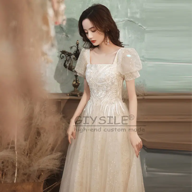 

GIYSILE Customized Square Collar Champagne Bubble Sleeves 2025 New Sexy Fairy Temperament Short Sleeve Banquet Evening Dresses