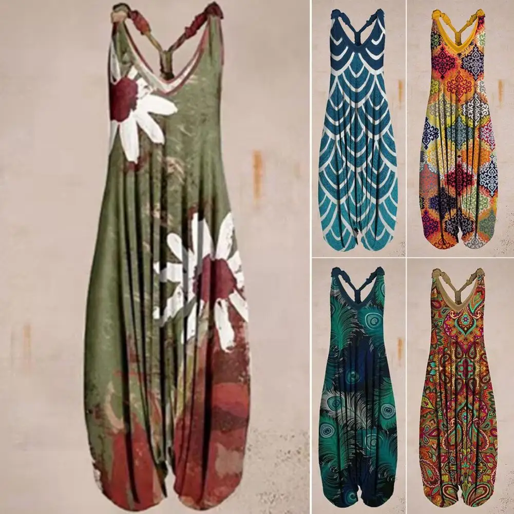 بذلة نسائية كلاسيكية بطبعة أزهار عالية الخصر ، رومبير بدون أكمام للسيدات ، بذلة لعب صيفية أنيقة ، بذلة قفز غير رسمية