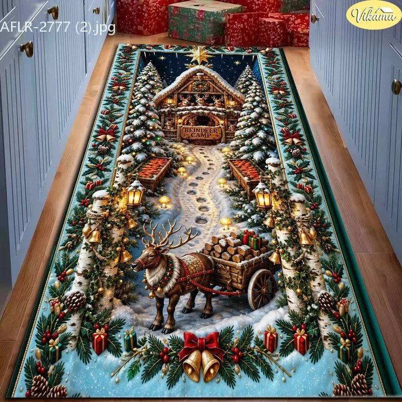 VIKAMA Christmas Runner Rug, Purple Winter Archway, Snowy Pines Poinsettia, Festive Printed, Soft Cozy, Hallway