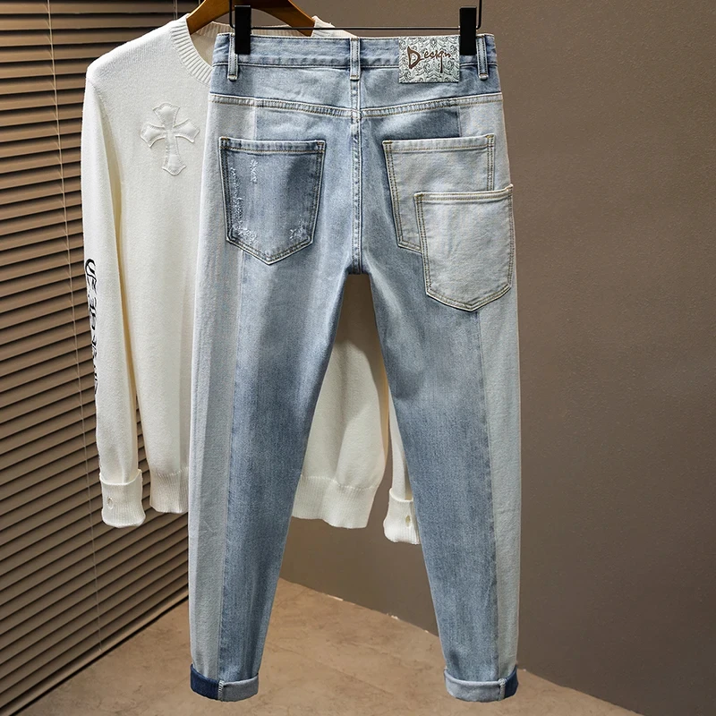 Pantalones vaqueros ajustados de moda coreana para hombre, pantalones de Hip-hop con empalme de bolsillo azul claro, ropa de calle personalizada, pantalones vaqueros elásticos