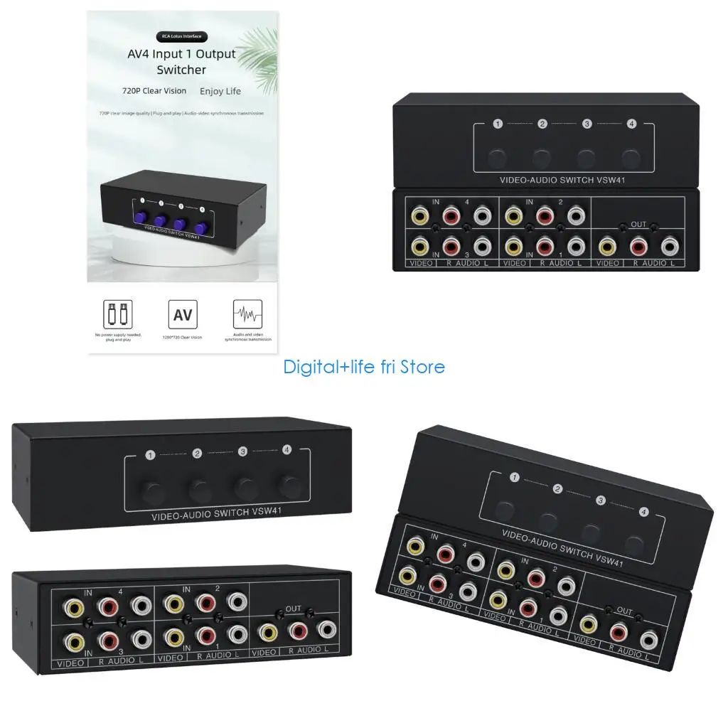 E06D Heavy Duty AV L/R Switcher Box 4Channel Audios Video Selector AV Switcher Home Use