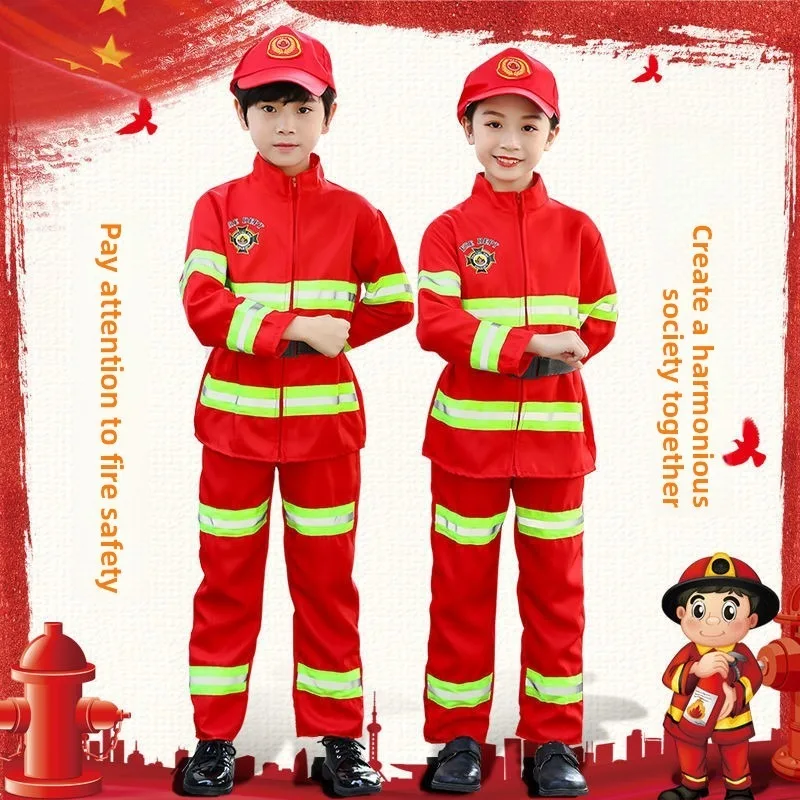 

Childrens Firefighter Costume Set Role-playing Suit Parent-child Kindergarten Day Suit