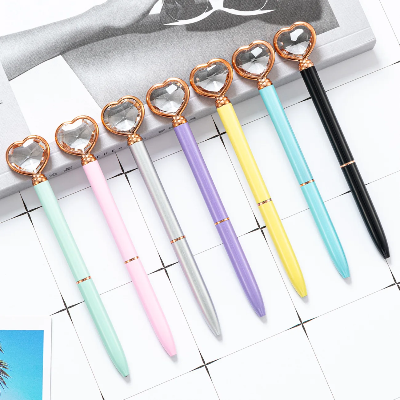 

12 Pcs Wholesale Love Heart Diamond Ballpoint Pen Spot Heart Shape Pens for Writing School Supplies