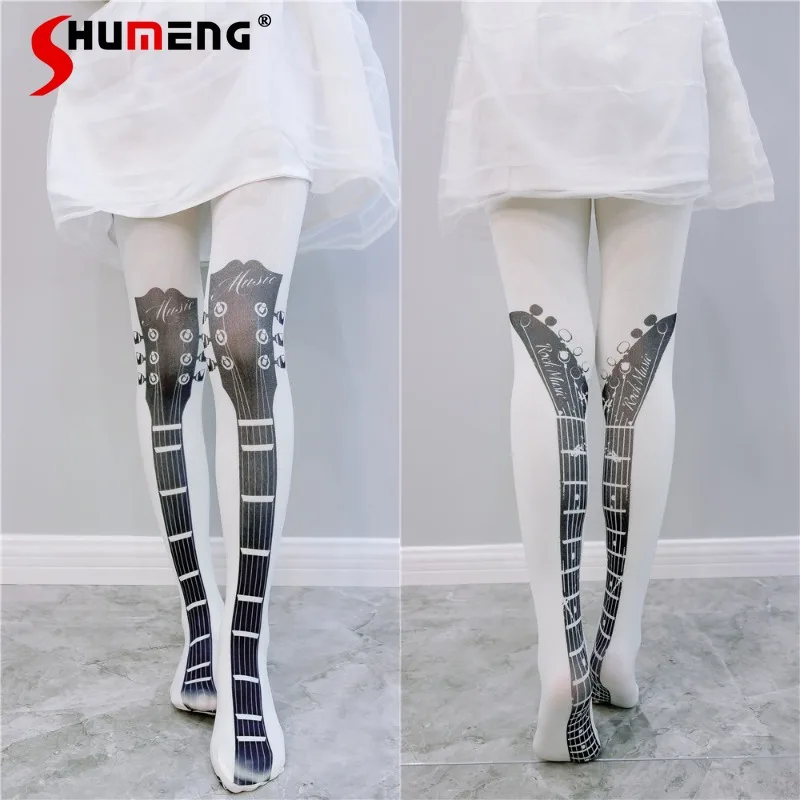 

Japanese Lolita Soft Girl Sweet Cool Rock Punk Guitar Print Pantyhose Cosplay 2026 Autumn And Winter New Long Socks Y2k Hosiery