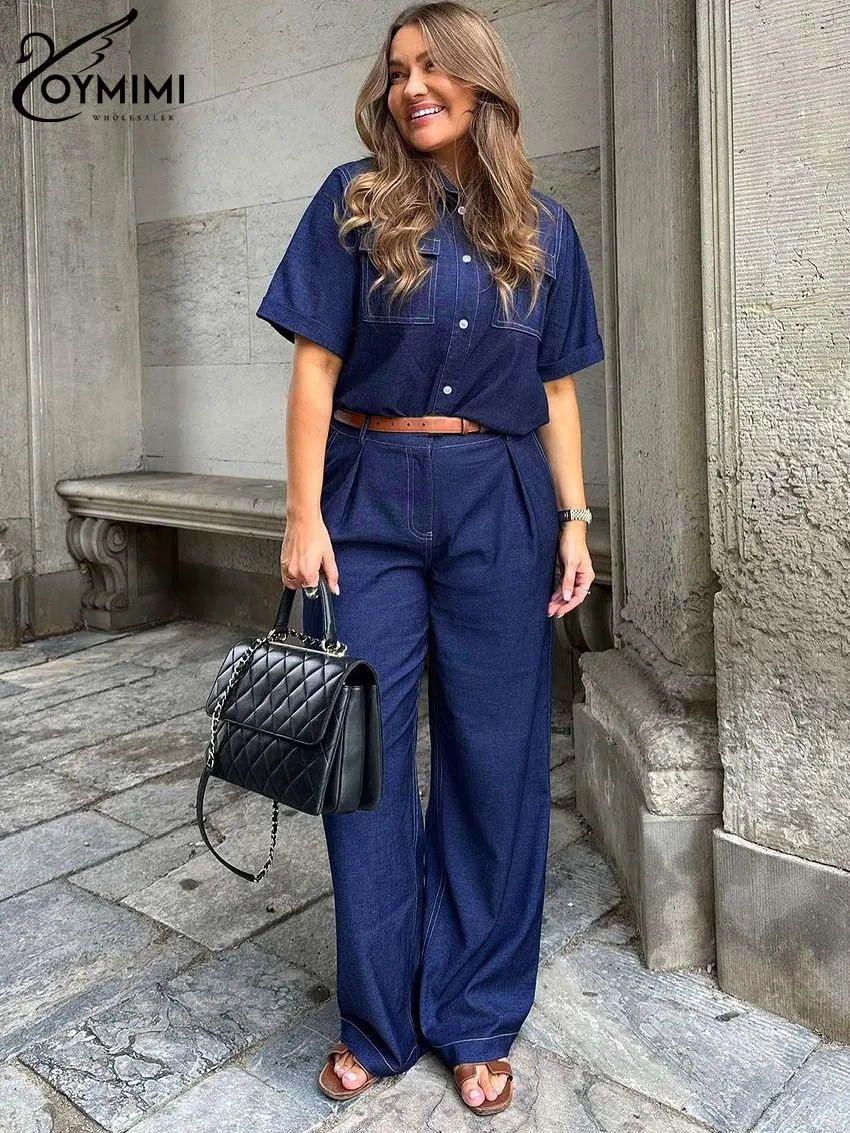 Oymimi Elegant Blue Denim Sets Womens 2 Piece Fashion Lapel Half Sleeve Pockets Shirts And Simple Straight Trousers Female Sets