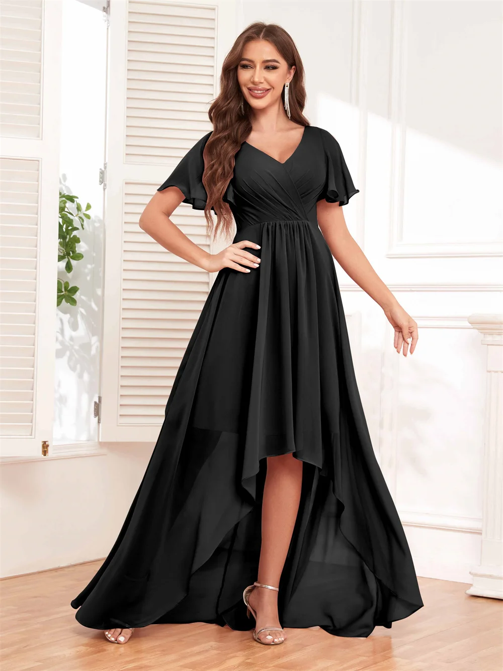 Off the Shoulder V-neck Chiffon Bridesmaid Dress Short Ruffles Sleeves Evening Gowns Pleated Corset A-line High-Low Formal Party