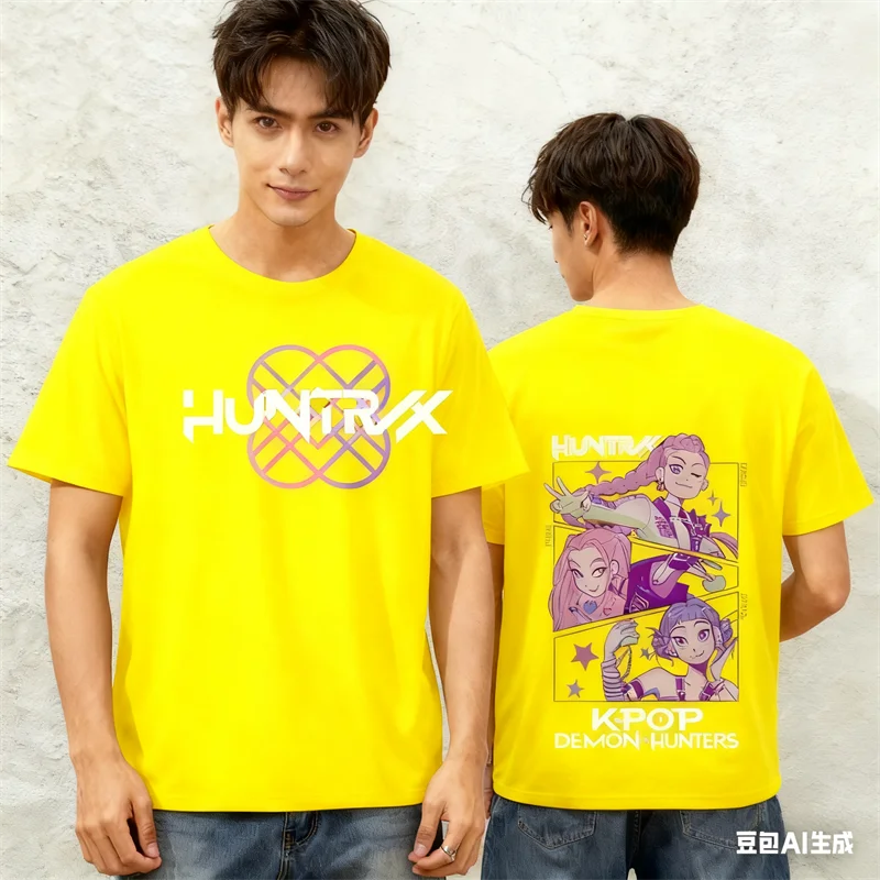 Fashion Kpop Demon Hunters Pattern Couple Outfits 3D Printed Crew Neck Short Sleeve Tops Trend Hip Hop Harajuku Unisex Clothing - Image 2