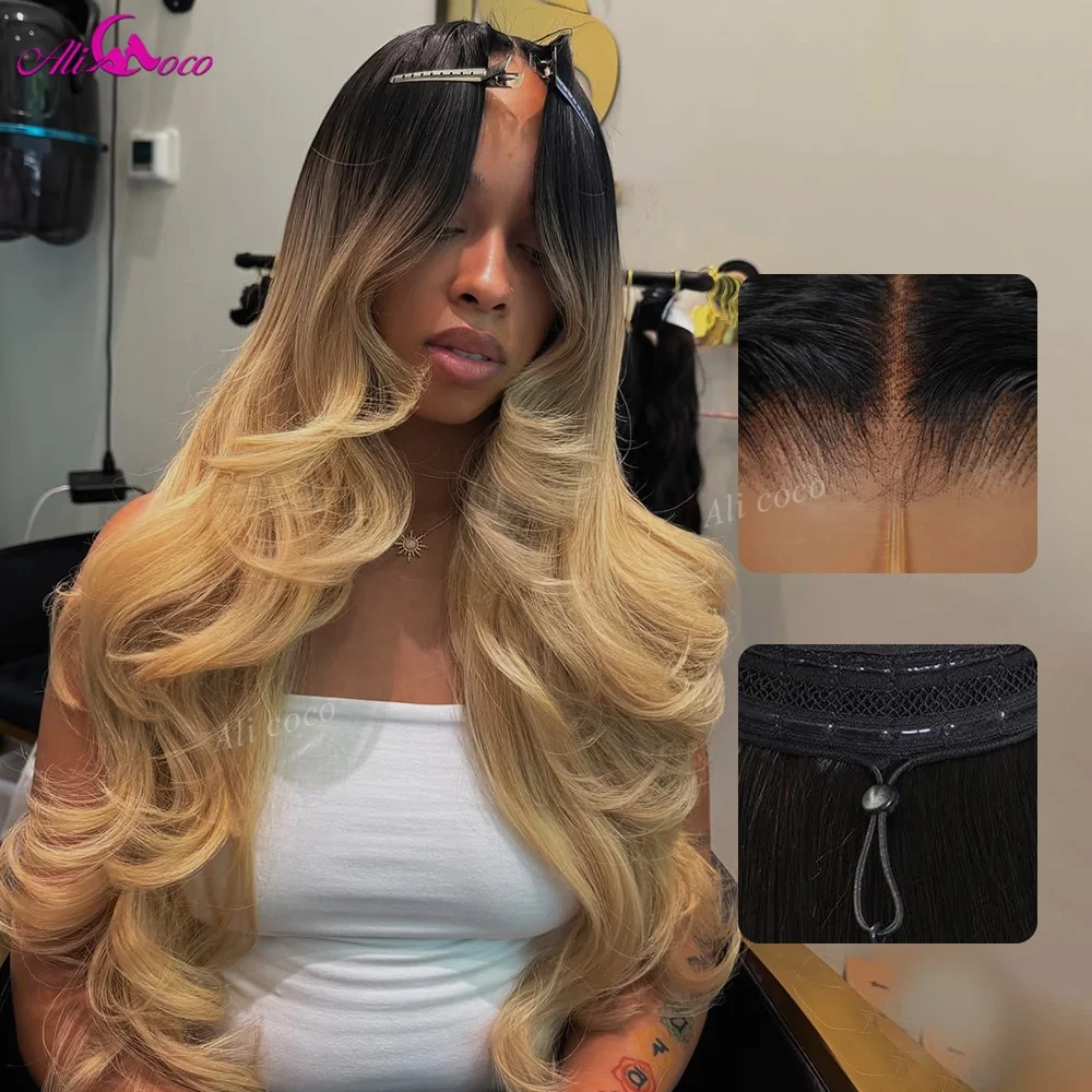 Ombre Yellow Blonde 13x6 HD Lace Front Human Hair Glueless Wigs with Dark Roots for Women 200 Density Body Wave Drawstring Wig