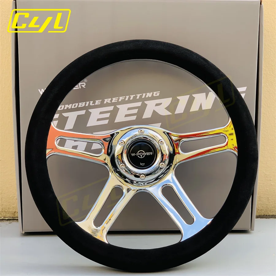 W-POWER Universal 14inch 350mm Leather Steering Wheel 4 Chrome Spoke Classic Racing Steering Wheel