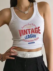Vintage League Letter Prints Tank Top Summer Womens Sleeveless Tight Ribbed Female Cotton Knit Vest Straps Casual Street Clothes