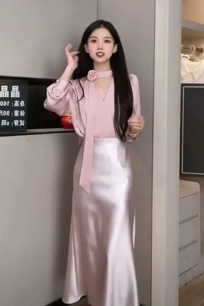 

​​French Inspired Satin Co Ord 2025 Bow Front Blouse Fluid Skirt Set Day to Night Sophistication​​