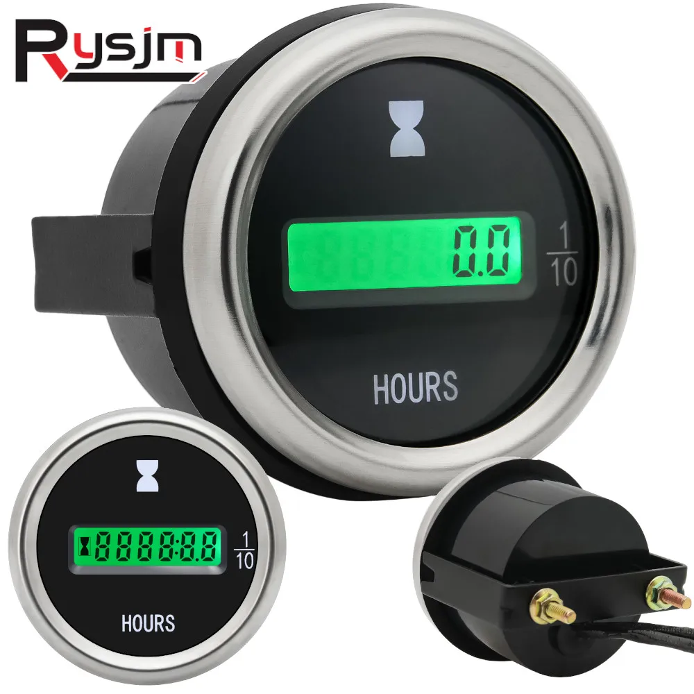 HD 52mm Digital Hour Meter LCD Display Hour Meters for Car Truck Auto Engine Hourmeters Time Hours Gauge Green Backlight 12V/24V