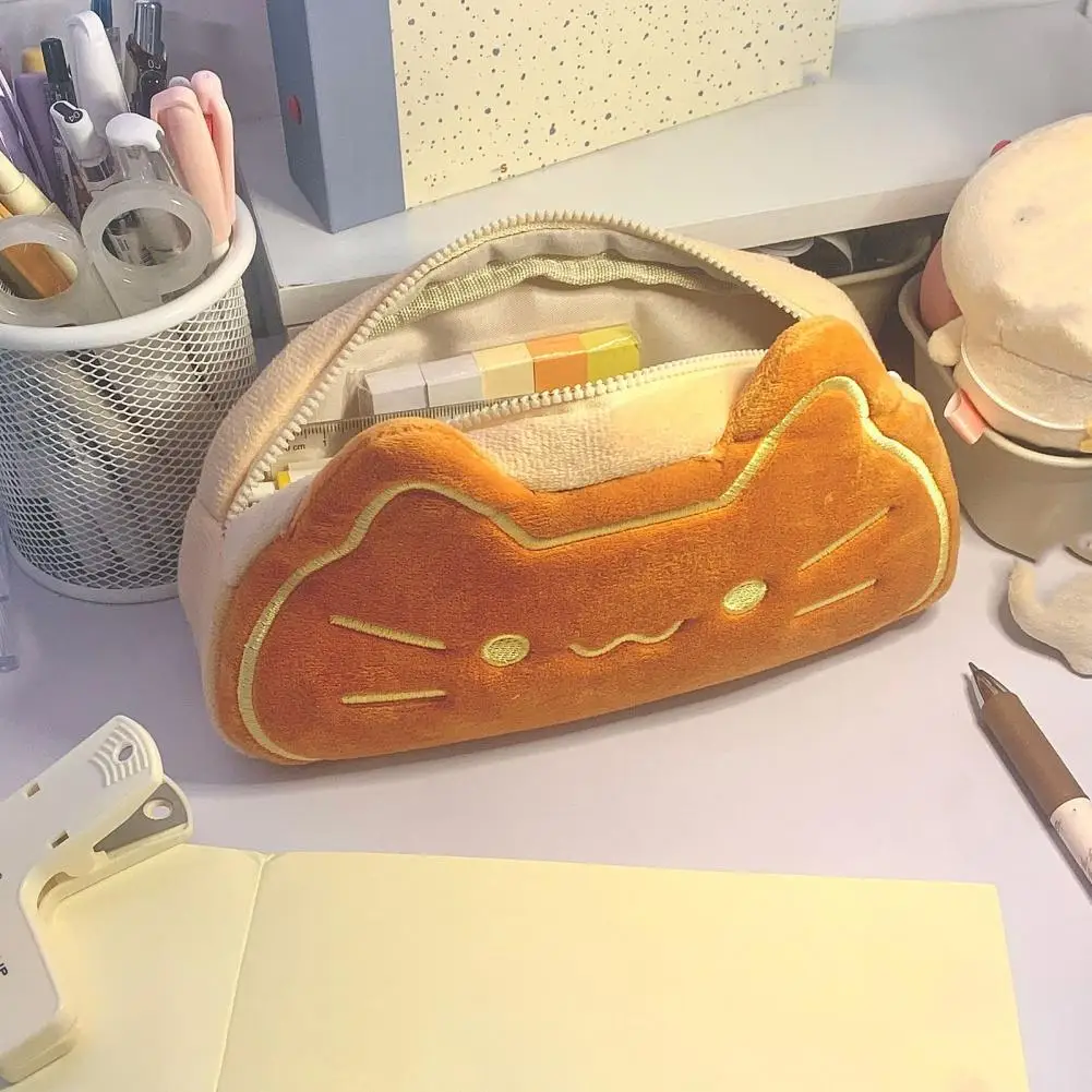 Plush Cat Pencil Case Cute Animal Pencil Pouch Large Capacity Stationery Bag Smooth Zipper Spacious Pencil Organizer