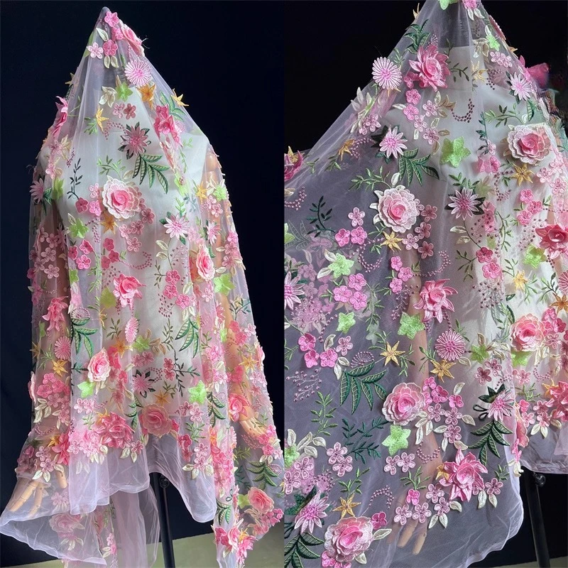 Hoge kwaliteit kleurrijke bloem mesh geborduurde kant stof handgemaakte jurk toast wieden jurk achtergrond decoratie accessoires
