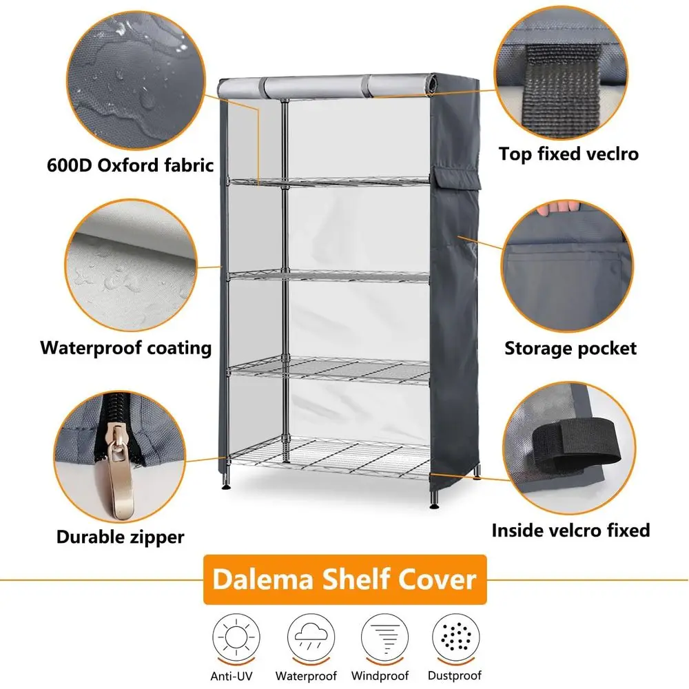 غطاء رف سلكي خارجي مقاوم للماء والغبار باللون الرمادي 600D، غطاء رف تخزين عالي التحمل 36 × 24 × 72 مع سحاب
