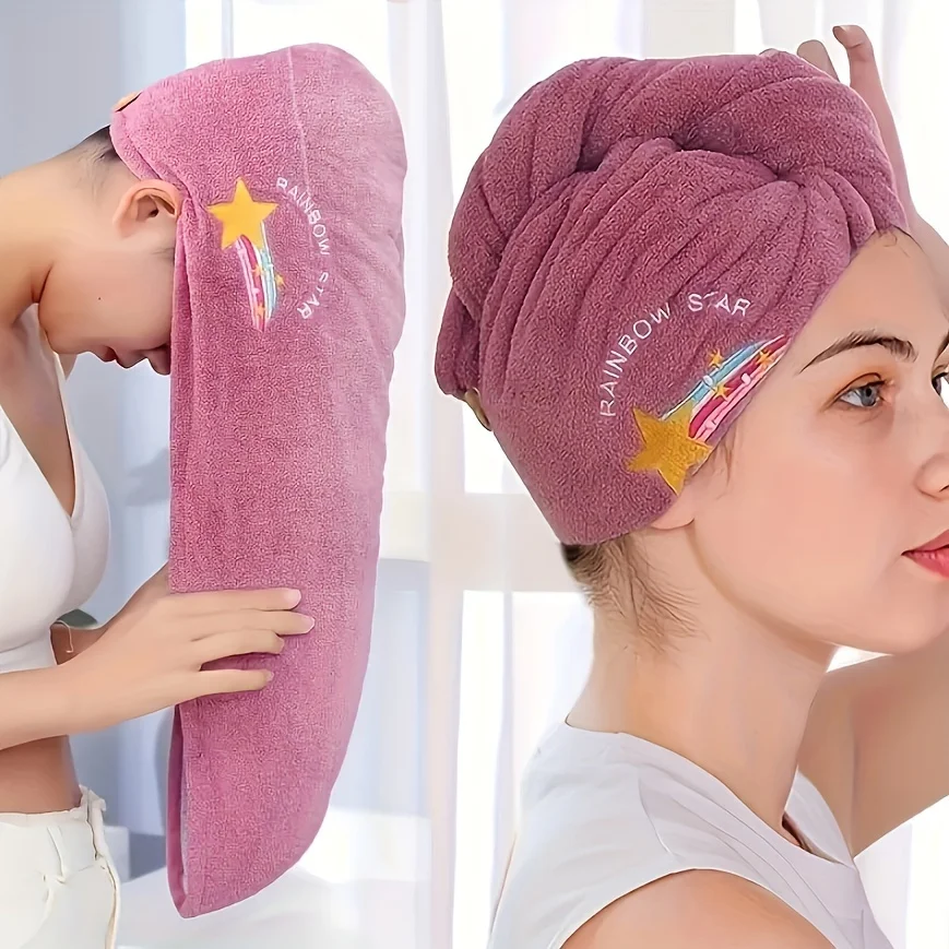 Knit Hair Towel - Absorbent Quick-Dry Wrap, Soft & Stylish with Secure Button, Contemporary Cartoon Design for Women