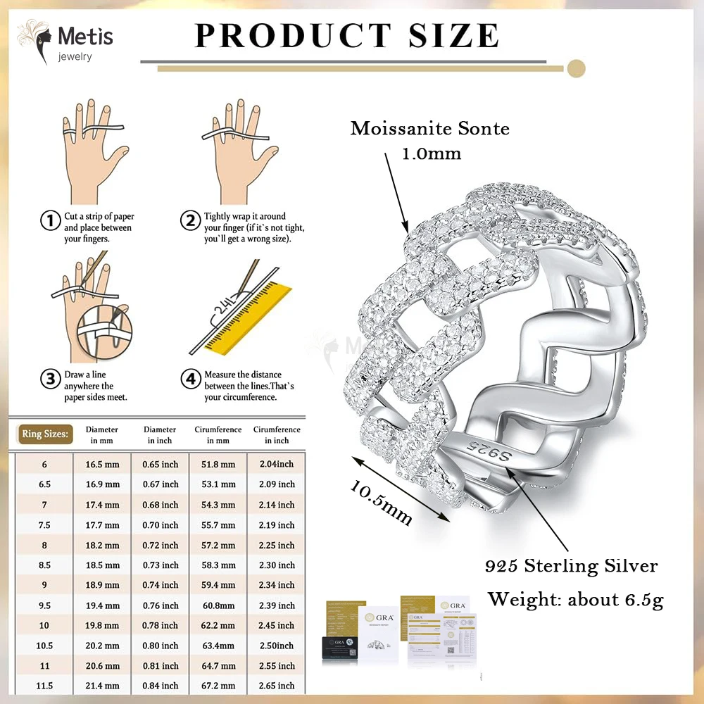 Moissanite Cuban Link Ring Wedding Band D Color VVS1 925 Sterling Silver Round Cut Classic Hip-Hop Eternity Band Ring for Man