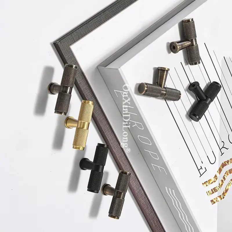 4PCS Solid Brass Knurled T-Bar Furniture Pulls Handles Drawer Pulls Cupboard Wardrobe Kitchen Shoe TV Wine Cabinet Pulls Knobs