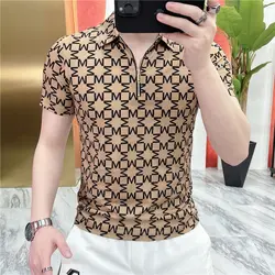 Summer New Fashion Loose Casual Versatile Printed Half Zipper Short Sleeved Polo Shirt Men Lapel Korean Vintage Thin Top 2024