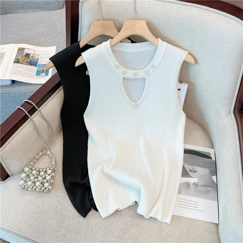 2024 Summer Plus Size Sexy weater For Women Sleeveless Pearl Beaded Knit Tops Female Pullover Outwear Clothing Free Shipping