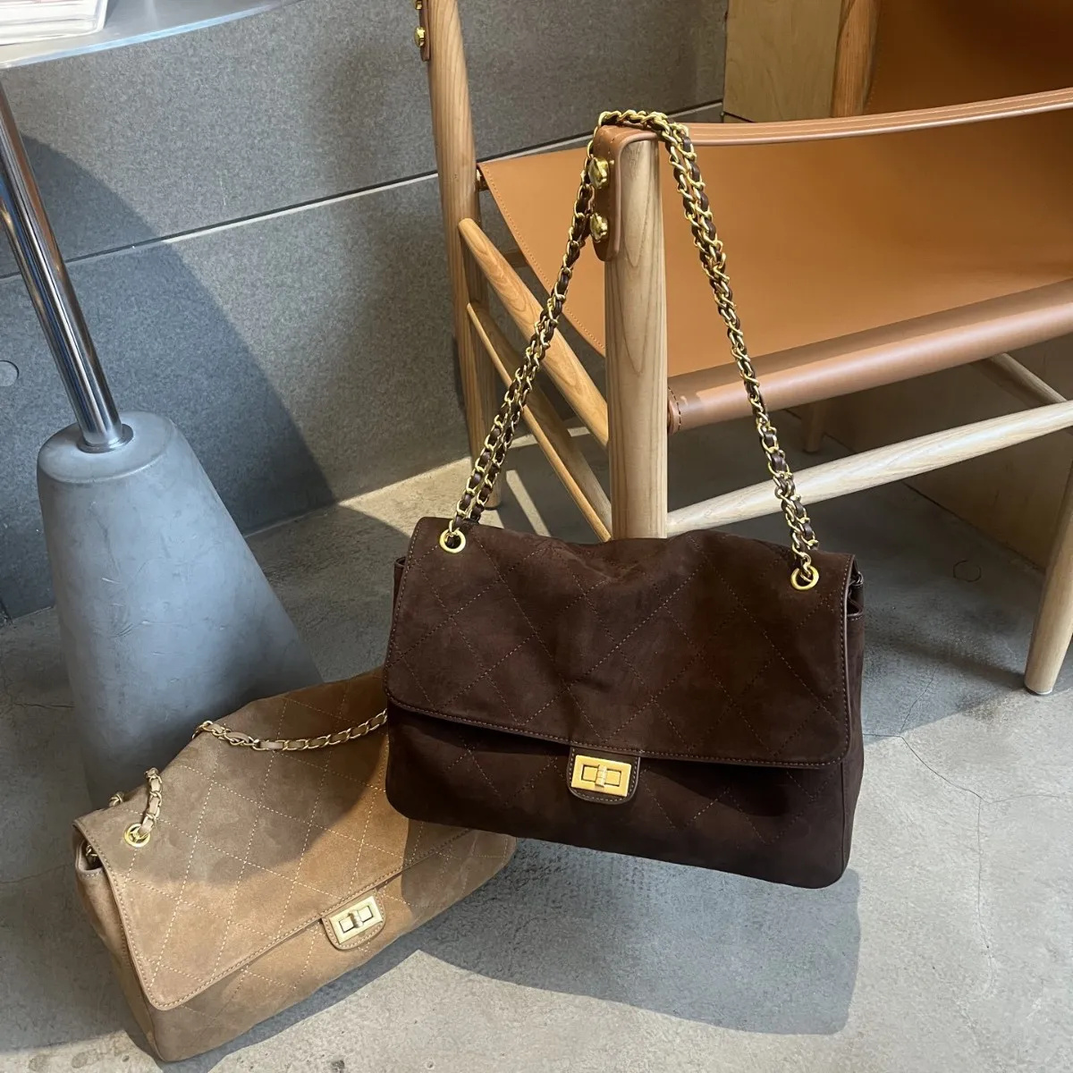 Fall Winter New Style Matte Soft Leather Small Square Bag Large Capacity Single Shoulder Bag High-End Rhombus Chain Suede Bag