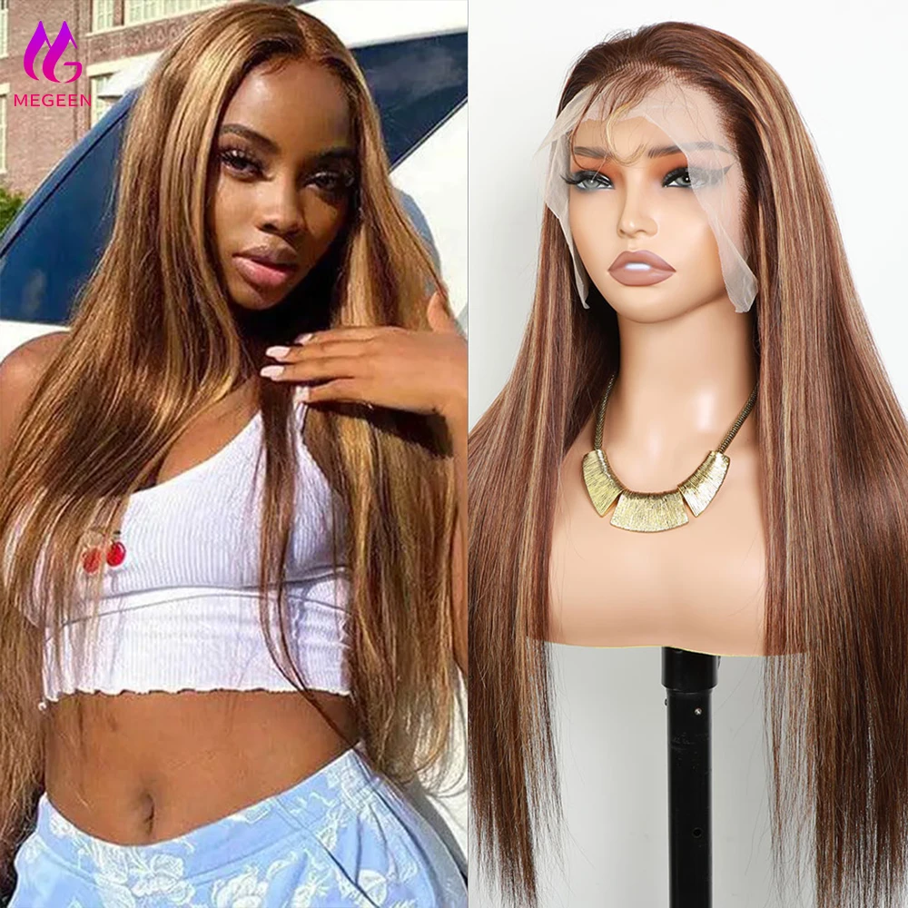 

Megeen Straight 13X4 Lace Front Wig 100% Human Hair Highlight P4/27 Colored Human Hair Lace Frontal Wig Pre Plucked Honey Blonde