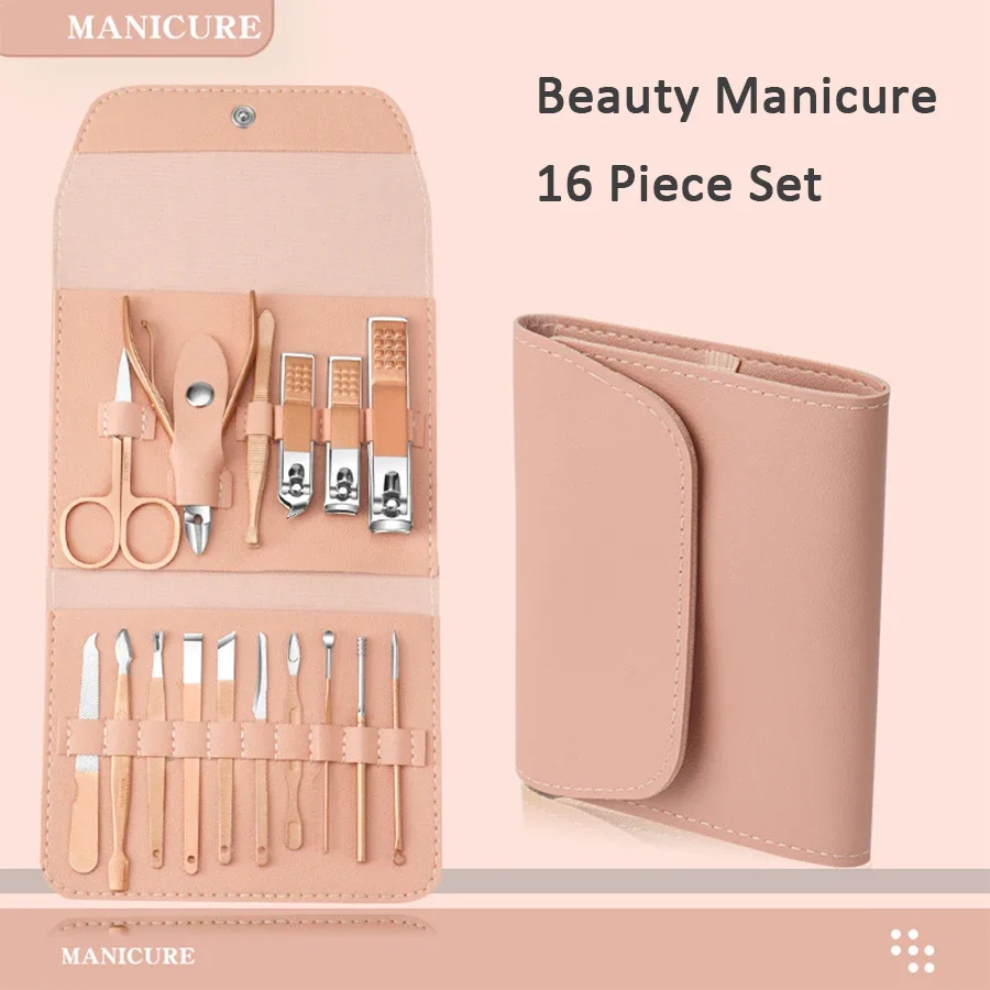 Pink Set Nail Cutter Set Stainless Steel Nail Clippers Set With Folding Bag Manicure Cutter Kits Scissors Makeup Beauty Tool
