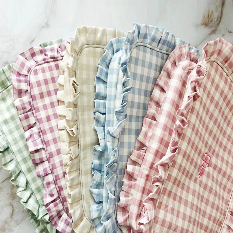 Personalized Embroidery Name Checkerboard Cosmetic Bag with Pink Gingham Style Makeup Bag Wedding Gifts Women Bride's Bridesmaid