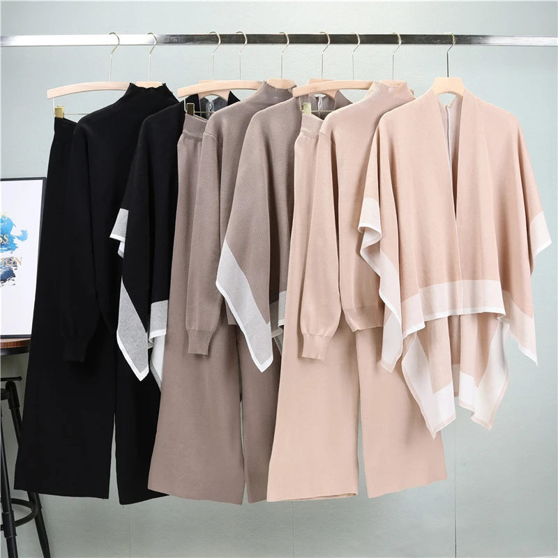 Women Auutumn Winter 2023 Elegant Pullovers Trousers Set Warm Sweaters + Wide Leg Pants+Color matching shawl 3 Piece Set