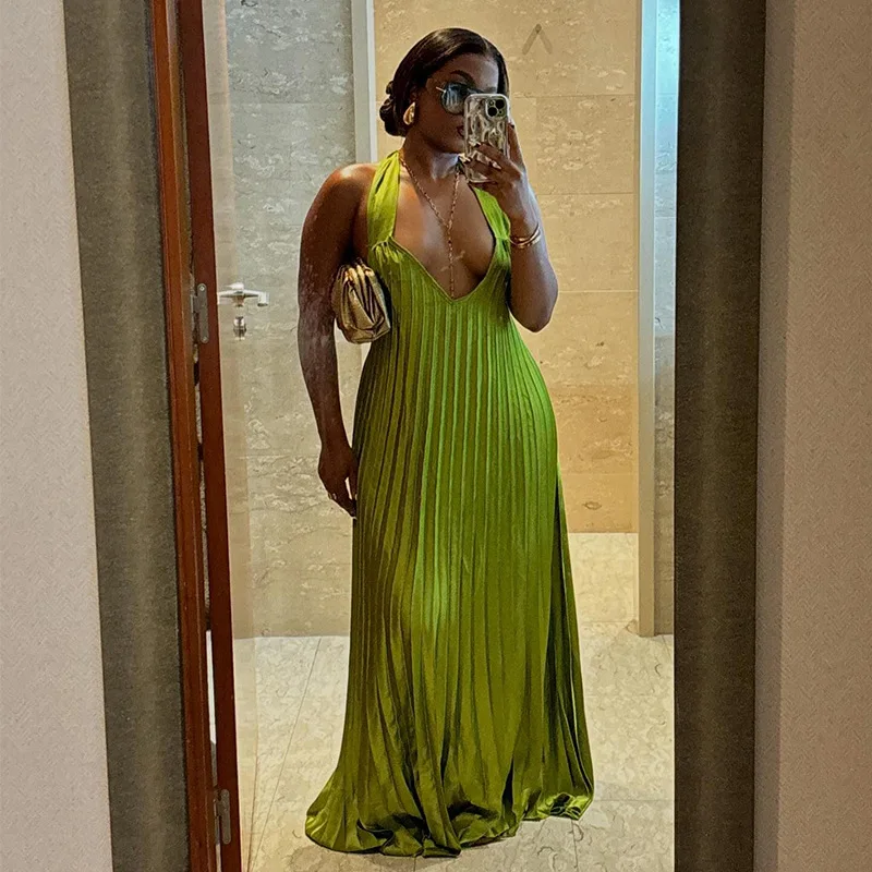 

Fresh Green Halterneck Leace-up Long Dresses Women Sexy V-neck Backless Pleated Dress Fashion Temperament Party Prom Vestidos