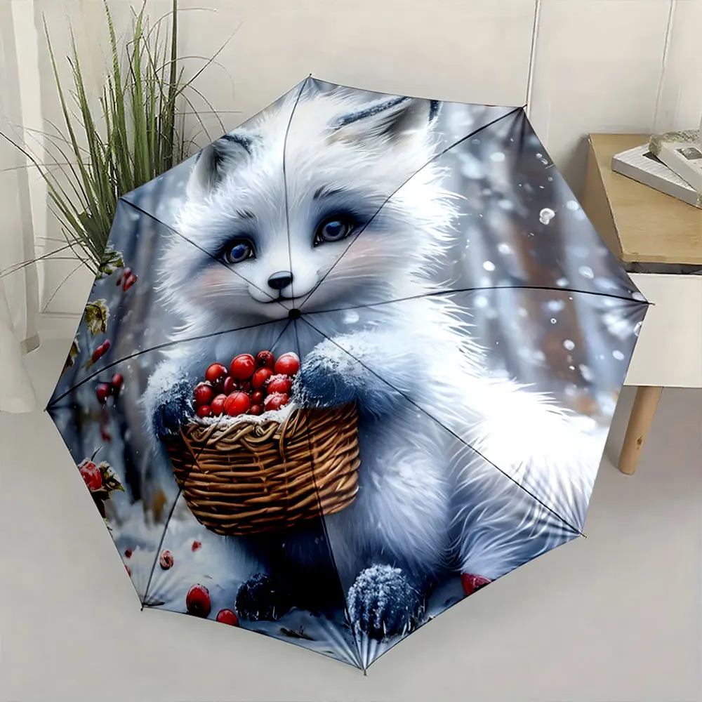 1PC Charming Umbrella Design Featuring a Cute Fox in Snow Scene Print 8 Iron Ribs Folding Umbrella Auto-Open Fashion Sunshade