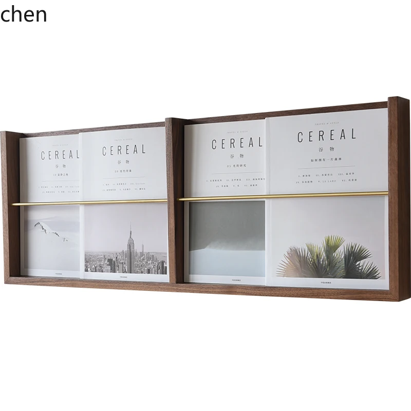 DSA Walnut Wood Brass Magazine Rack Wall-Mounted Bookshelf for Picture Books and Periodicals