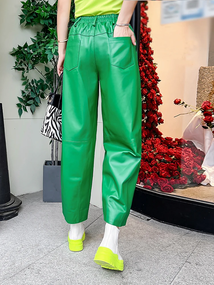 Autumn Winter Genuine Leather Pants Women Fashion Elastic Waist Harem Pants High Waist Loose Sheepskin Ankle Length Pants Y3099