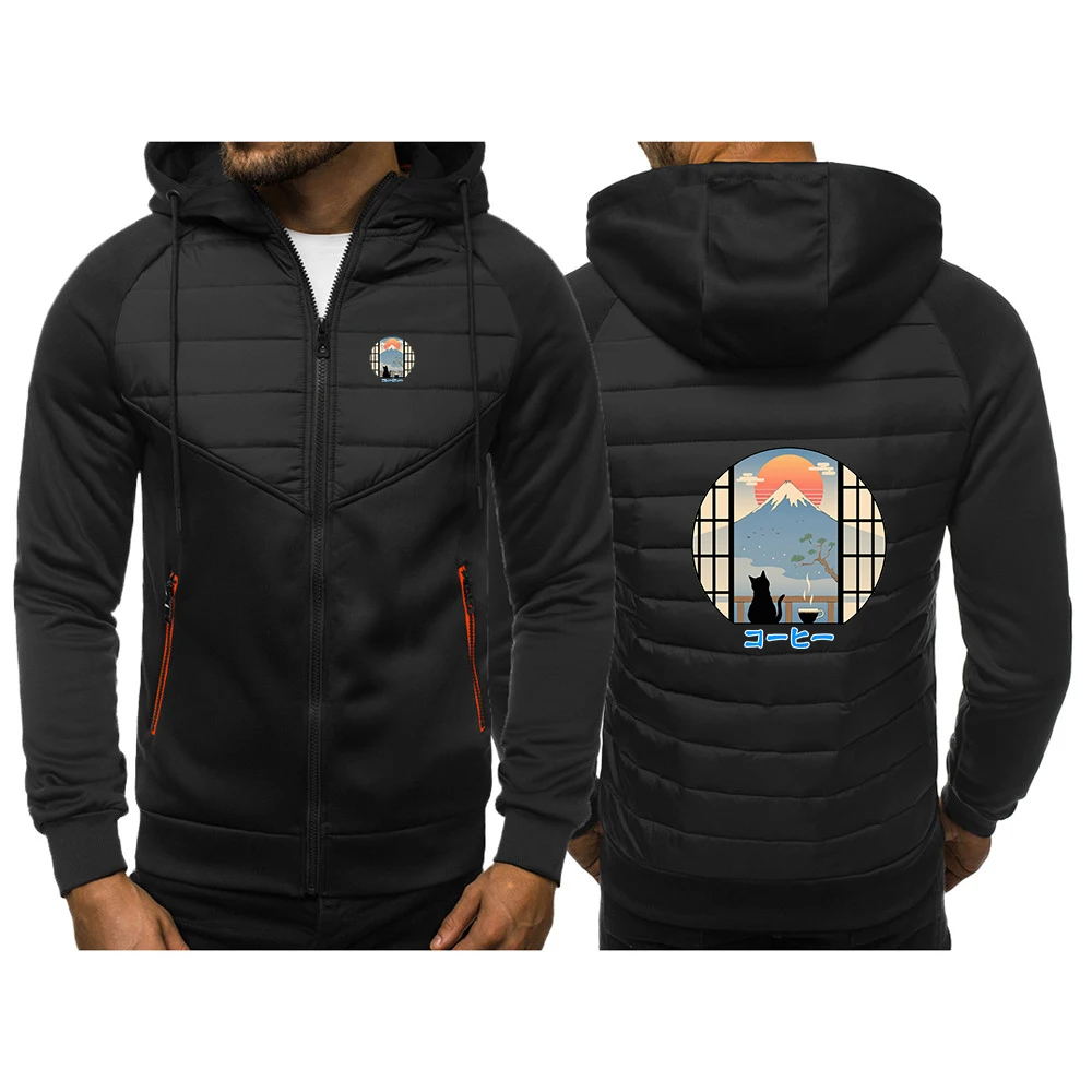 

2025 кофейный кот в Mt Fuji с принтом, новые мужские трехцветные лоскутные толстовки с капюшоном, весенне-осенние лоскутные теплые тонкие куртки на молнии, пальто