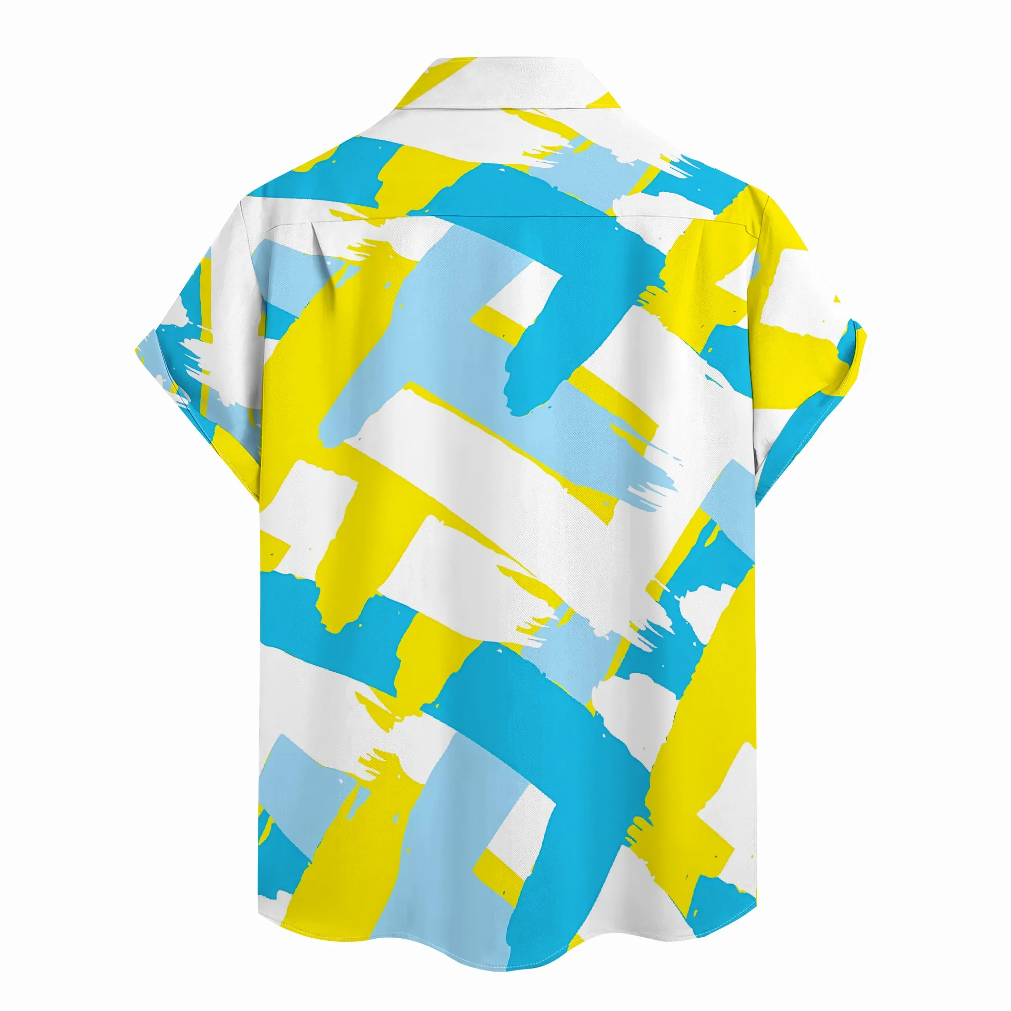 YEAE Yellow Blue Brushstroke Geometric Print Shirt for Men Summer Casual Short Sleeve Top